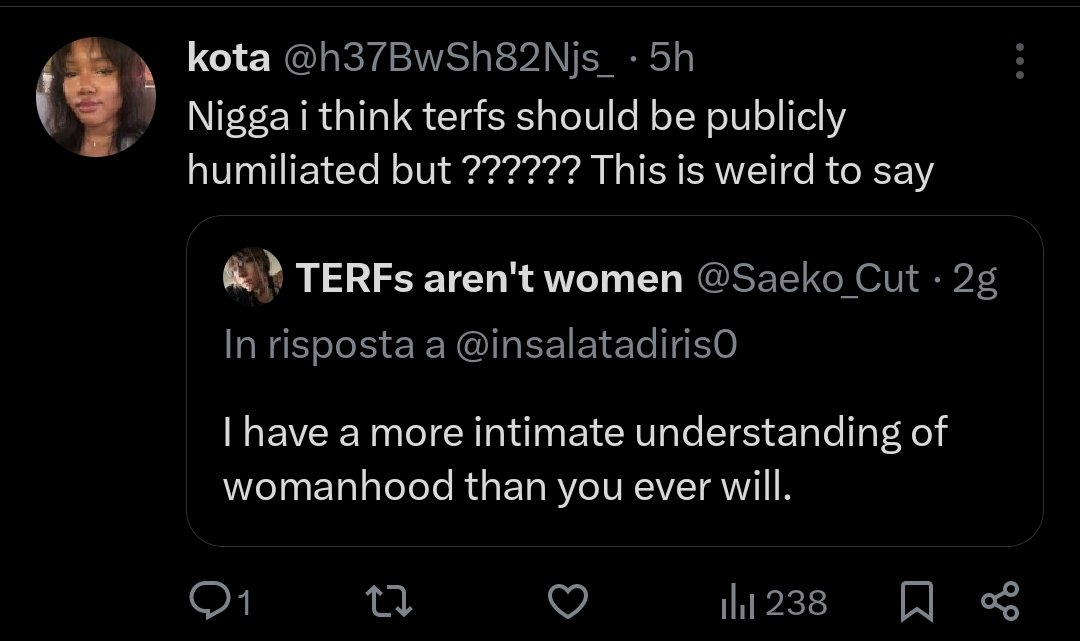 One day women will realise that being trans supportive doesn't exempt them from misogyny & that when males are being misogynistic to terfs they're automatically being misogynistic towards all women.

One wrong word & you're thrown in the terf pile & respect goes out of the window