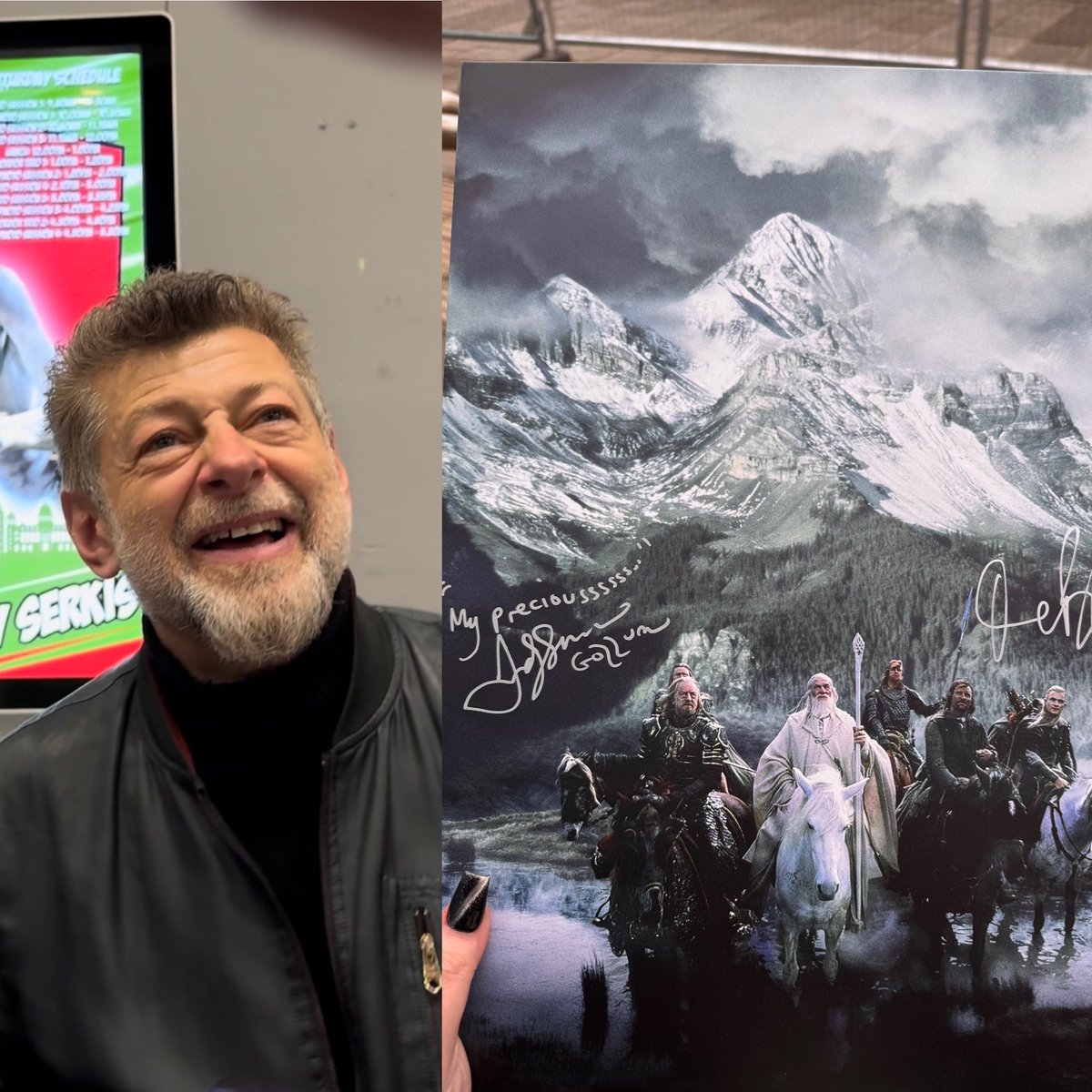 Still laughing at my conversation with Andy Serkis, brought him a displate I had  bought prior to his announcement to sign which he wasn’t on and he said “I’m gonna pretend I’m somewhere in the mountain eating a fish” 🤣 such a nice guy
