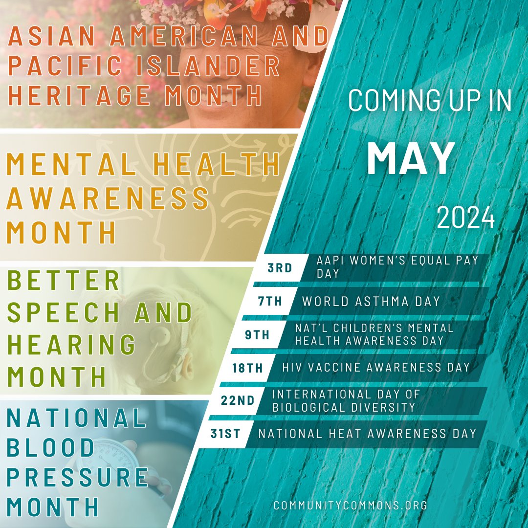 This May, we'll be observing:⁠ 🫁 5/7 World Asthma Day 🌎 5/22 Int'l Day of Biological Diversity 🌡️ 5/31 Nat'l Heat Awareness Day 🧡 #AAPI Heritage Month 🧠 #MentalHealth Awareness Month⁠ 🦻Better #SpeechAndHearing Month And more! What's on your calendar for #May 2024?⁠