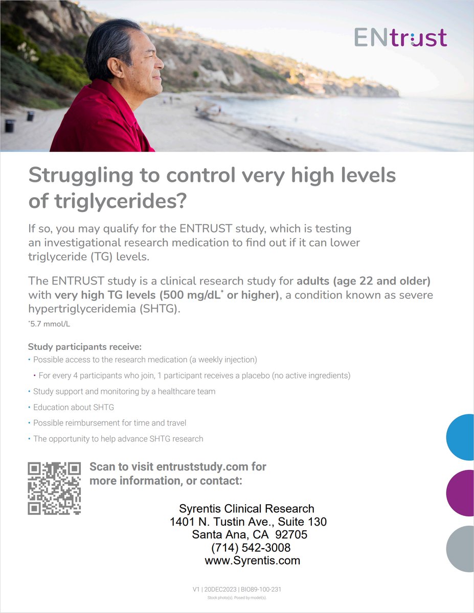 Enroll in the ENTRUST clinical trial and take part in SHTG research for an effective SHTG medication. Contact us today. (800) NEW-STUDY | Syrentis.com #hightriglyceridelevels #ClinicalTrials #SHTG #ENTRUST #ClinicalTrials #SyrentisClinicalResearch