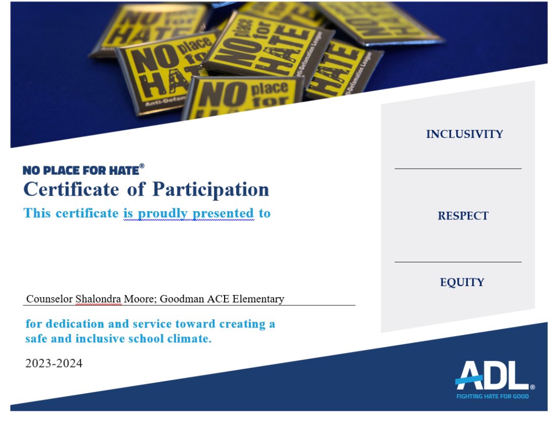 I’m so proud to lead the No Place for Hate Initiative for the past 4 years… at 2 different schools in @GoodmanES_AISD & @RaymondES_AISD !! #NoPlaceforHate @ADLSouthwest @AldineISD