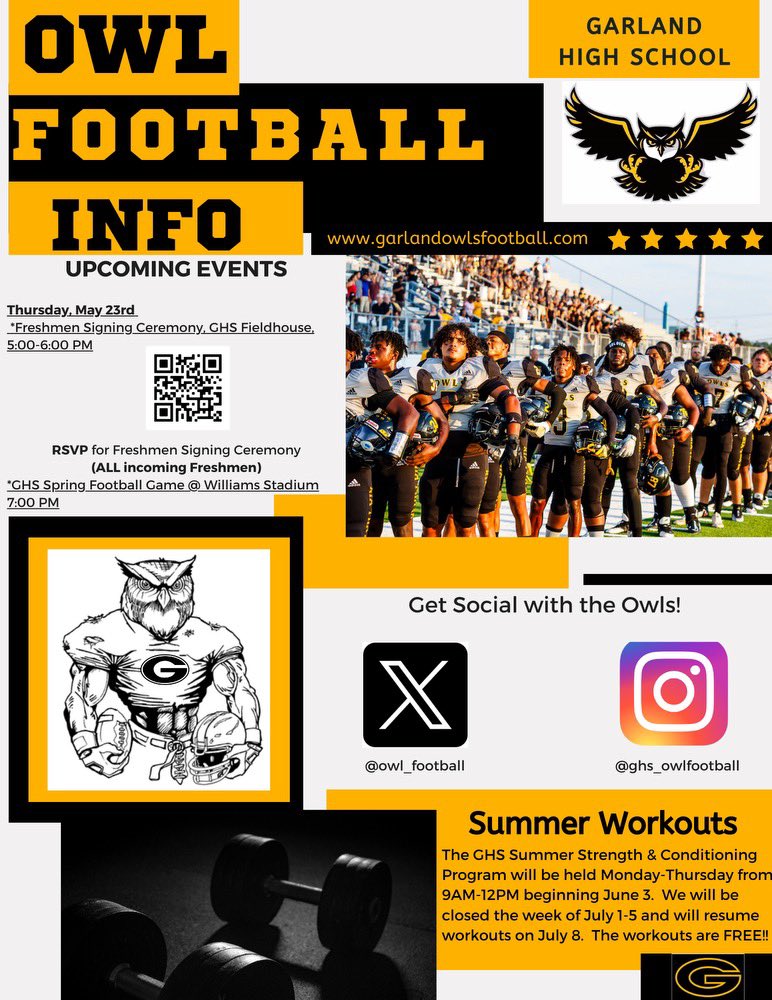 Spring is wrapping up and the summer is around the corner! Heads up to all incoming freshman! See below 👀⬇️

#ghs #garlandowlfootball #football #texashighschoolfootball #txhsfb #texas
