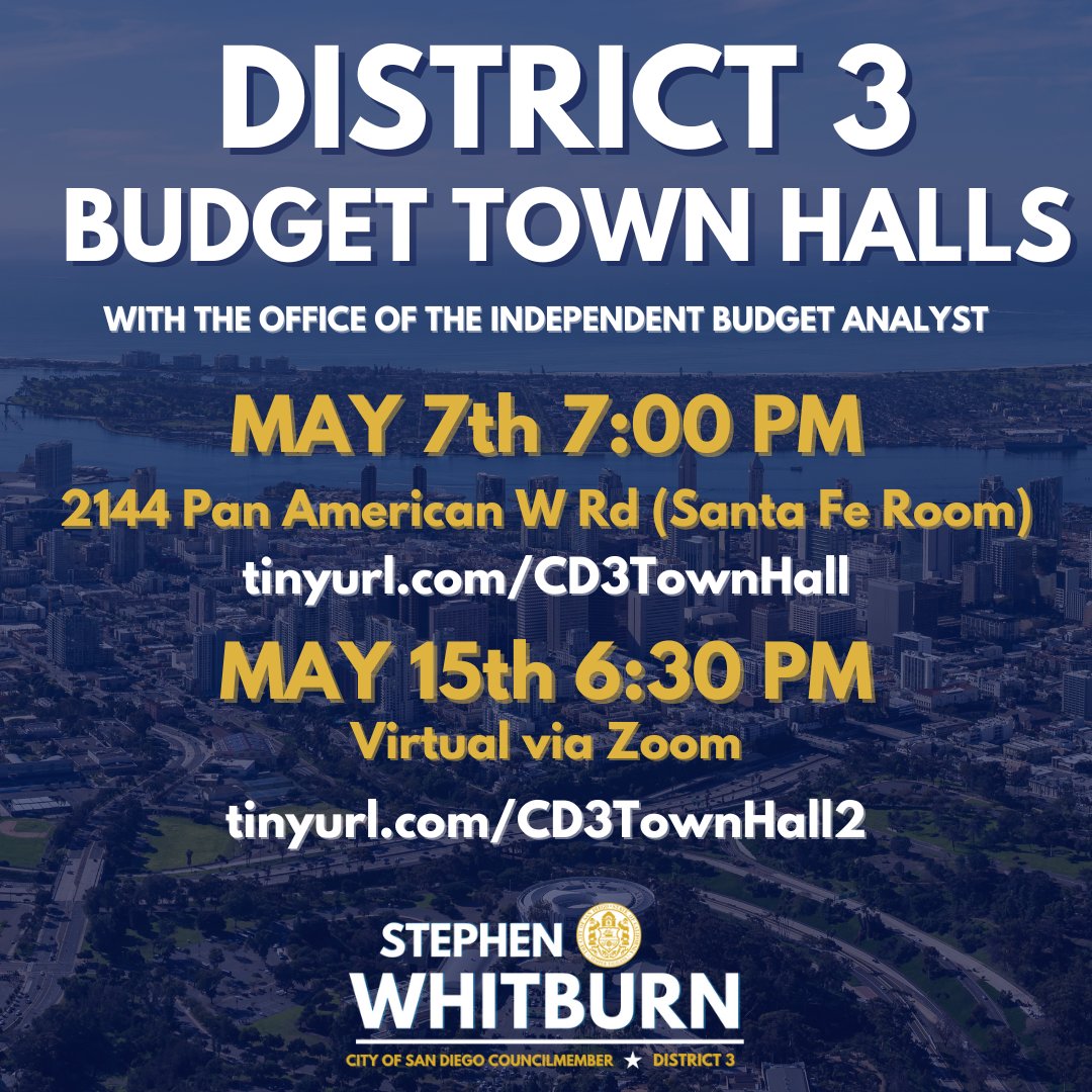 Interested in learning more about the FY25 Budget? Join us tomorrow at 7:00 PM for the first of two town halls with the Independent Budget Analyst (IBA) to learn more about the budget process. RSVP Here: tinyurl.com/CD3TownHall