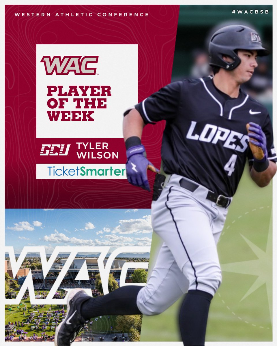⚾️ #WACbsb PLAYER OF THE WEEK presented by @TicketSmarter Tyler Wilson | @GCU_Baseball ✅ .467 avg ✅ 8 RBIs ✅ 6 runs 📰: tinyurl.com/yycx5y5f #OneWAC x #WACbsb