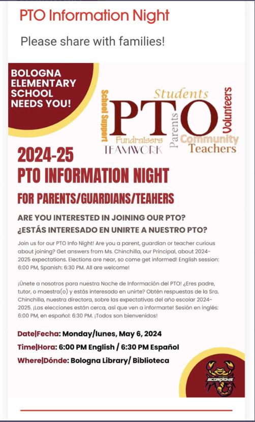 Interested in joining PTO, but not sure what's it's all about?? Come & have any questions answered, find out how you get involved as an integral part of our PTO school community 2 presentations - 6:00 p.m. English/6:30 in Spanish - ALL are welcome!! Meeting in the library