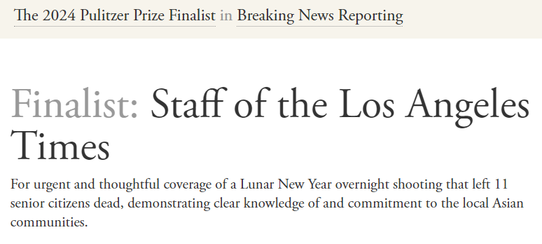 So proud and humbled to be a part of the amazing @latimes team named a @PulitzerPrizes finalist today for our reporting on last year's mass shooting in Monterey Park. Huge thank you to all the colleagues who worked on and supported this important journalism. What an honor!🎉🎉🎉