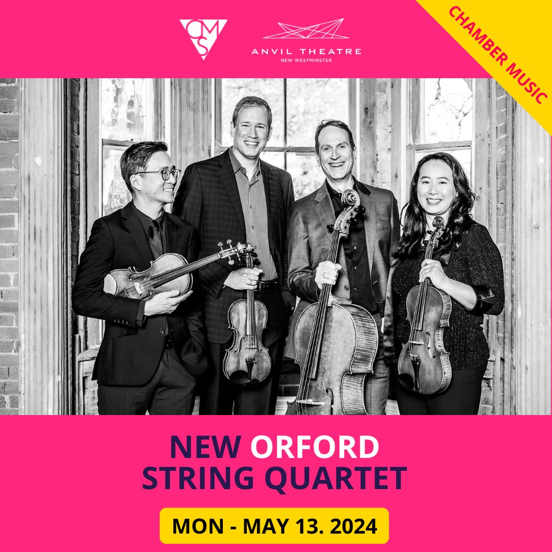 Next Monday, May 13, Vancouver Chamber Music Society presents New Orford String Quartet

Enjoy an electrifying performance by Juno Award-winning New Orford String Quartet in a captivating afternoon of classical music. 

Tickets: anviltheatre.ca/event/new-orfo…

#chambermusic #yvrmusic
