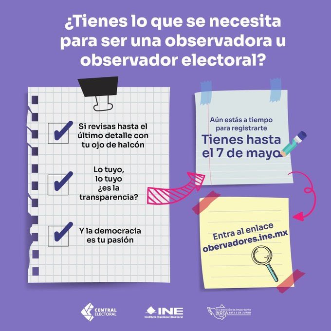 #Hoy y mañana últimos días para registrarte como observadora u observador electoral🔍. Ingresa a 👉 observadores.ine.mx Sé parte del proceso de preparación y desarrollo de la Jornada Electoral para brindar más certeza, legalidad y transparencia a estas #Elecciones2024Mx.