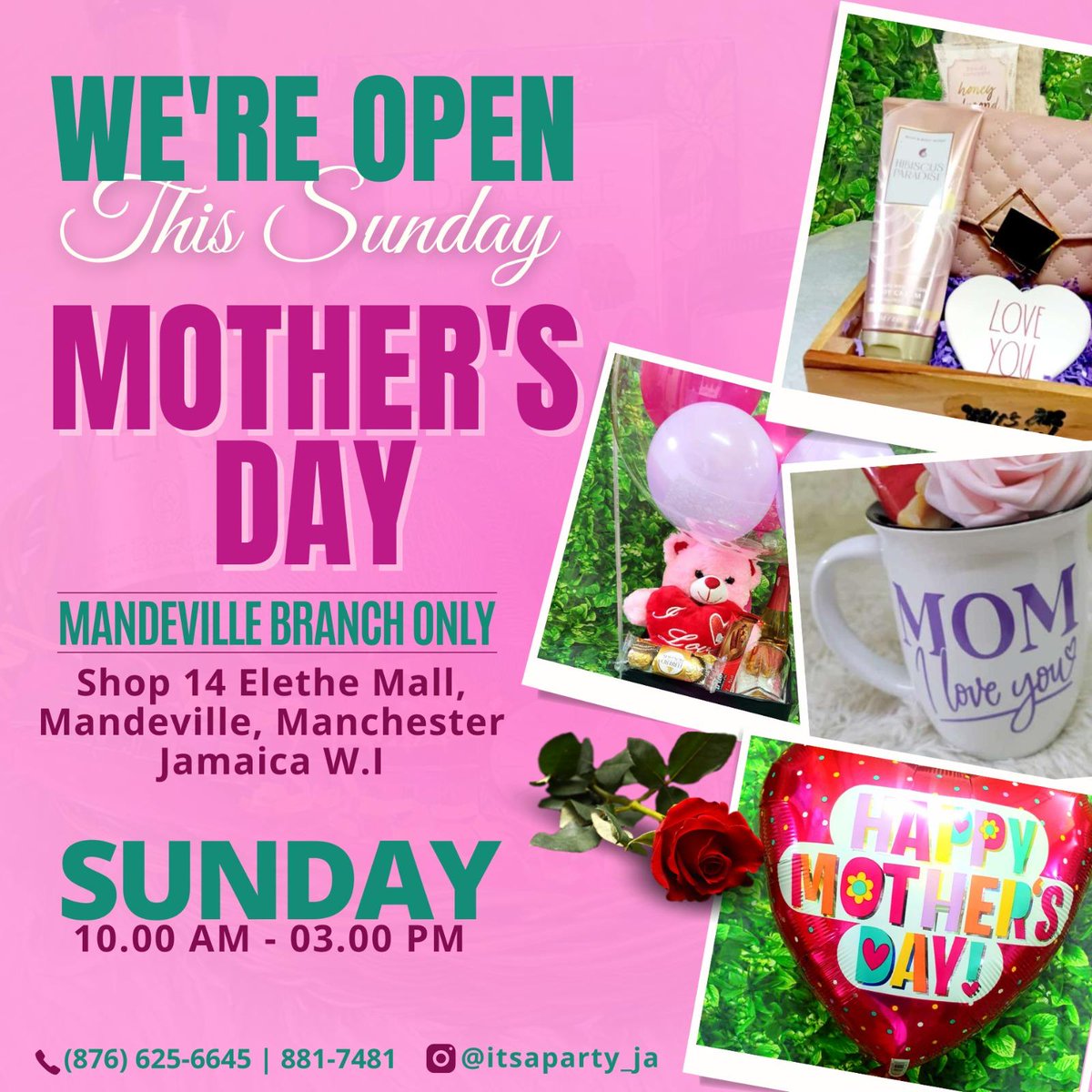 Don't miss out this Mother's Day! 🌷 Swing by today and pick up the perfect gift to show her she's loved. 💖 

.
.
.
#ItsApartyJa #MotherdaysBalloon
#PartyStore #giftballoon #foilnumbers
#giftideasjamaica #MothersDaygiftset 
#heliumballoons #MothersdayGiftbaskets