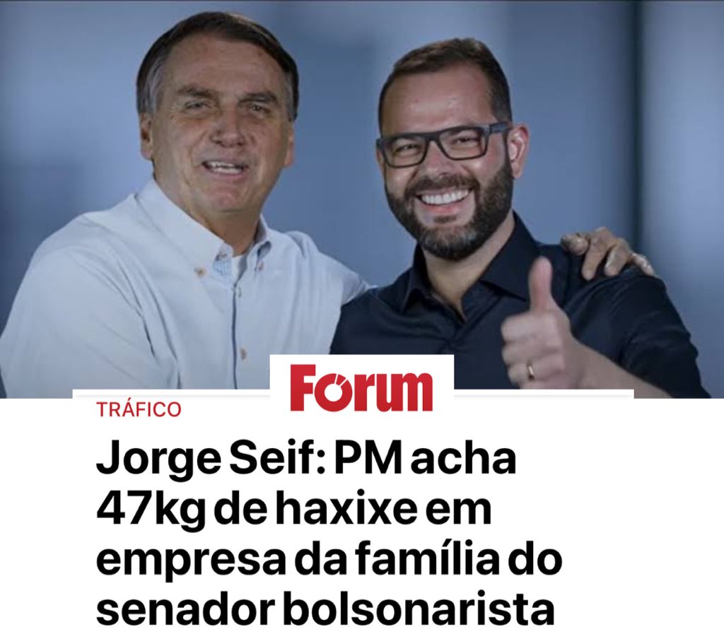 Ano passado a PRF apreendeu 322kg de maconha no caminhão da família de Jorge Seif, senador e ex ministro do Bolsonaro

Agora foram 47kg de haxixe na empresa dele

Bolsonaristas que apoiam a PEC 45, que criminaliza o porte de qualquer quantidade de drogas, não têm nada a dizer? 🤔