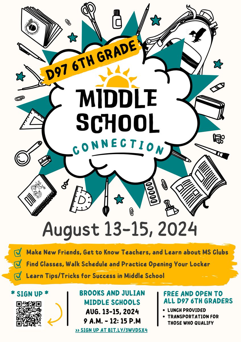 OakPark97's tweet photo. 📢 Calling all D97 fifth-graders! Don't miss Middle School Connection, a three-day program designed to help you transition to middle school. From August 13-15, join us for activities, friendships, and a sneak peek into middle school life. Sign up today! https://t.co/nH6kjH7uGU https://t.co/0o1XDorOxb