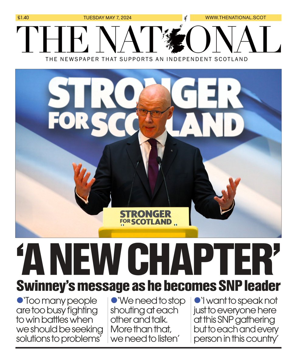 The National's front page tomorrow 🗞️ John Swinney's message as he becomes the new leader of the SNP