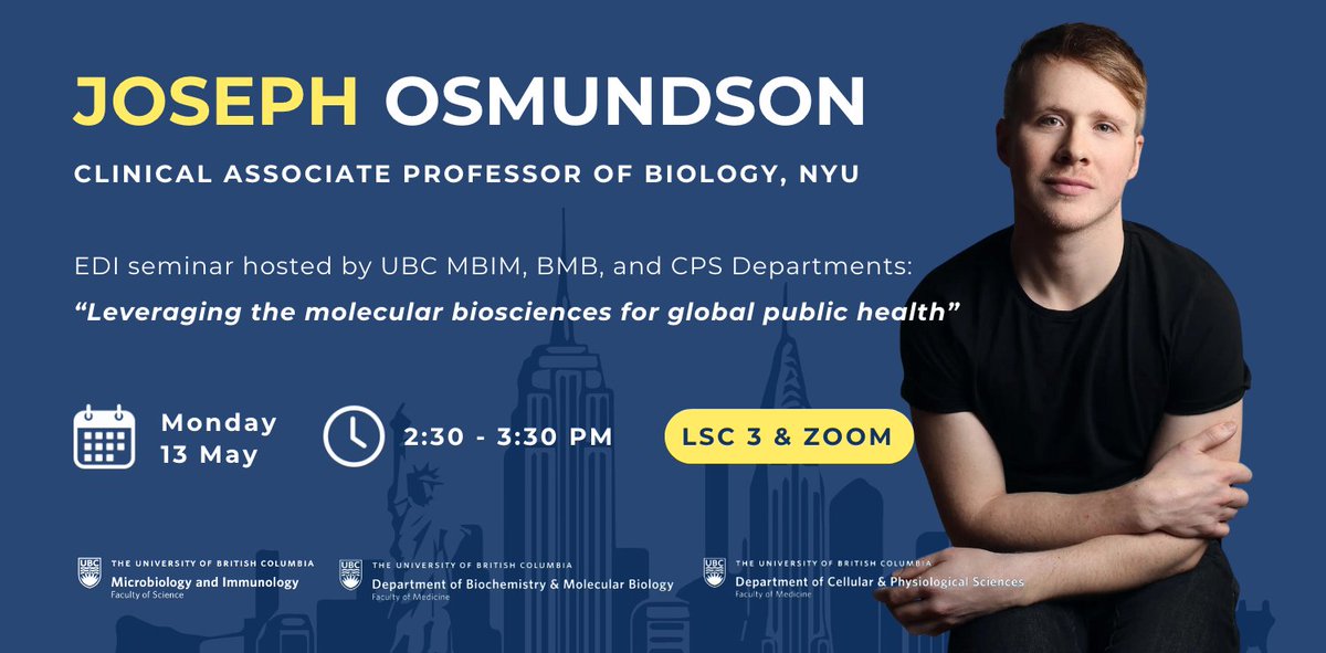 We are excited to co-host a special EDI seminar with @UBCbiochemistry & @UBCcps: 📢 Dr. Joseph Osmundson @reluctantlyjoe, Clinical Associate Professor of Biology, NYU 🗓️ Monday May 13 @ 2:30 - 3:30 PM PST 📍 LSC 3 - hope to see you there! mbim.ubc.ca/events/seminar…