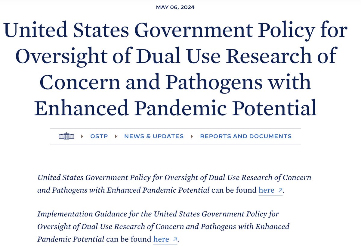 BREAKING: The White House has released long-awaited policy on regulating potentially risky, federally-funded research that could make pathogens more dangerous. Here: whitehouse.gov/ostp/news-upda…
For background, read: science.org/content/articl… Watch @ScienceInsider for coverage to come.