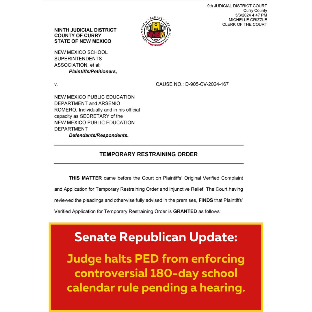 BREAKING: A district judge has halted the Public Education Department from enforcing its 180-day school calendar rule pending a hearing.

The controversial rule, if enforced, would effectively end the 4-day school week for many NM schools.

#nmpol #education