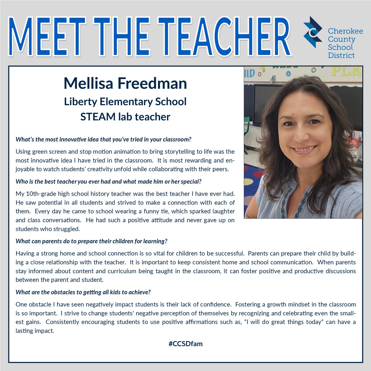 We’re proud of our CCSD family’s dedicated teachers … and every week, you’ll get to know one of them better through a Q&A posted here. #CCSDfam