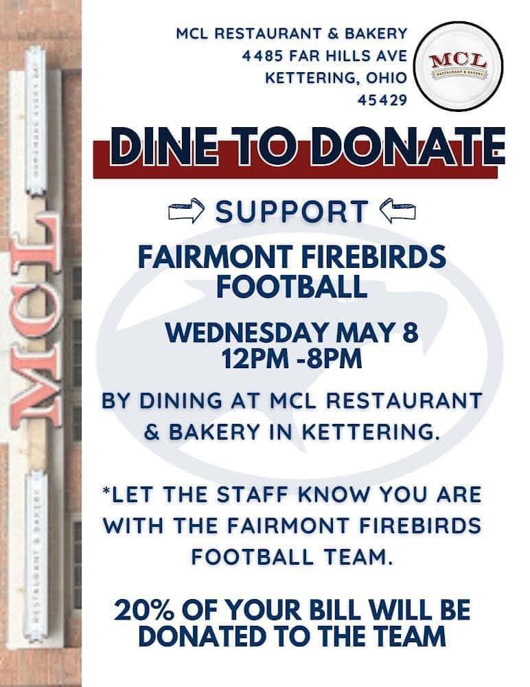Firebird Faithful!!!! Join us Wednesday May 8th at MCL Restaurant!! Come Support your local business and the Fairmont Football program!! #AttitudeEffort #SelflessRelentlessTough
