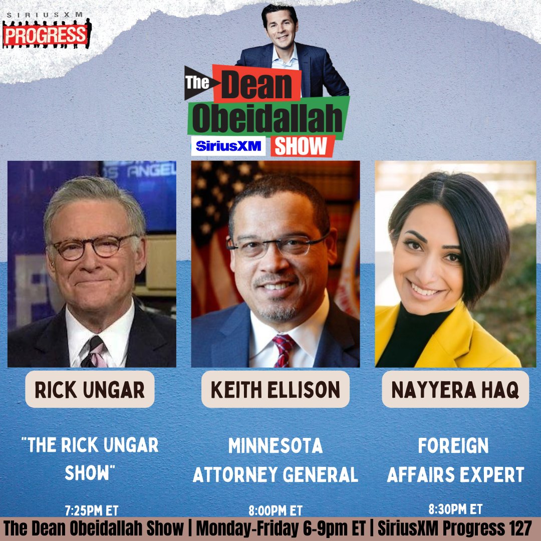 The Dean Obeidallah Show is live! @DeanObeidallah is here to break down the news from the day! Joining him today is @rickungar, MN AG @keithellison, and @nayyeroar! ☎️: 866-997-4748 🔊: SiriusXM.us/Dean