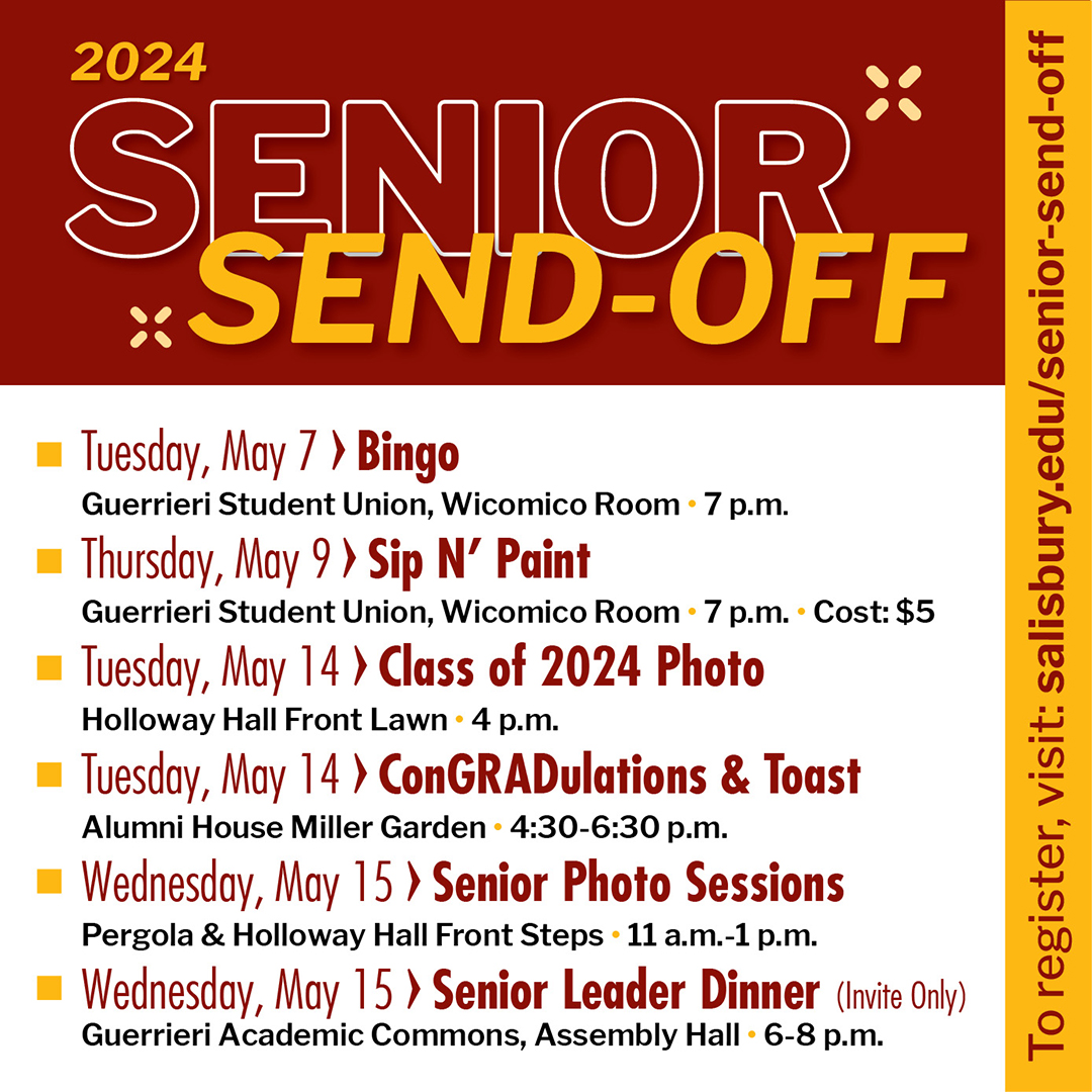 🎓✨ SU seniors, are you ready for an epic week of fun?! It's time to celebrate YOU during Senior Send-Off! 🥳🎉 Join us for a week packed with cheers, entertainment, and memories to last a lifetime. Let's make it one for the books! To register: salisbury.edu/senior-send-off