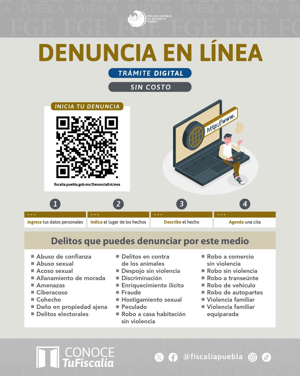 La @FiscaliaPuebla pone a tu alcance el servicio de #DenunciaEnLínea. Consulta el catálogo de delitos aplicables e inicia el trámite de forma digital desde cualquier dispositivo con internet: fiscalia.puebla.gob.mx/DenunciaEnLinea 💻📱