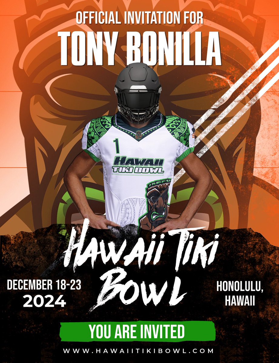 Beyond blessed to receive an invitation to the Hawaii Tiki Bowl! @HawaiiTikiBowl @SLHSFBNextLevel @SunlakeFootball @Andy_Villamarzo @larryblustein