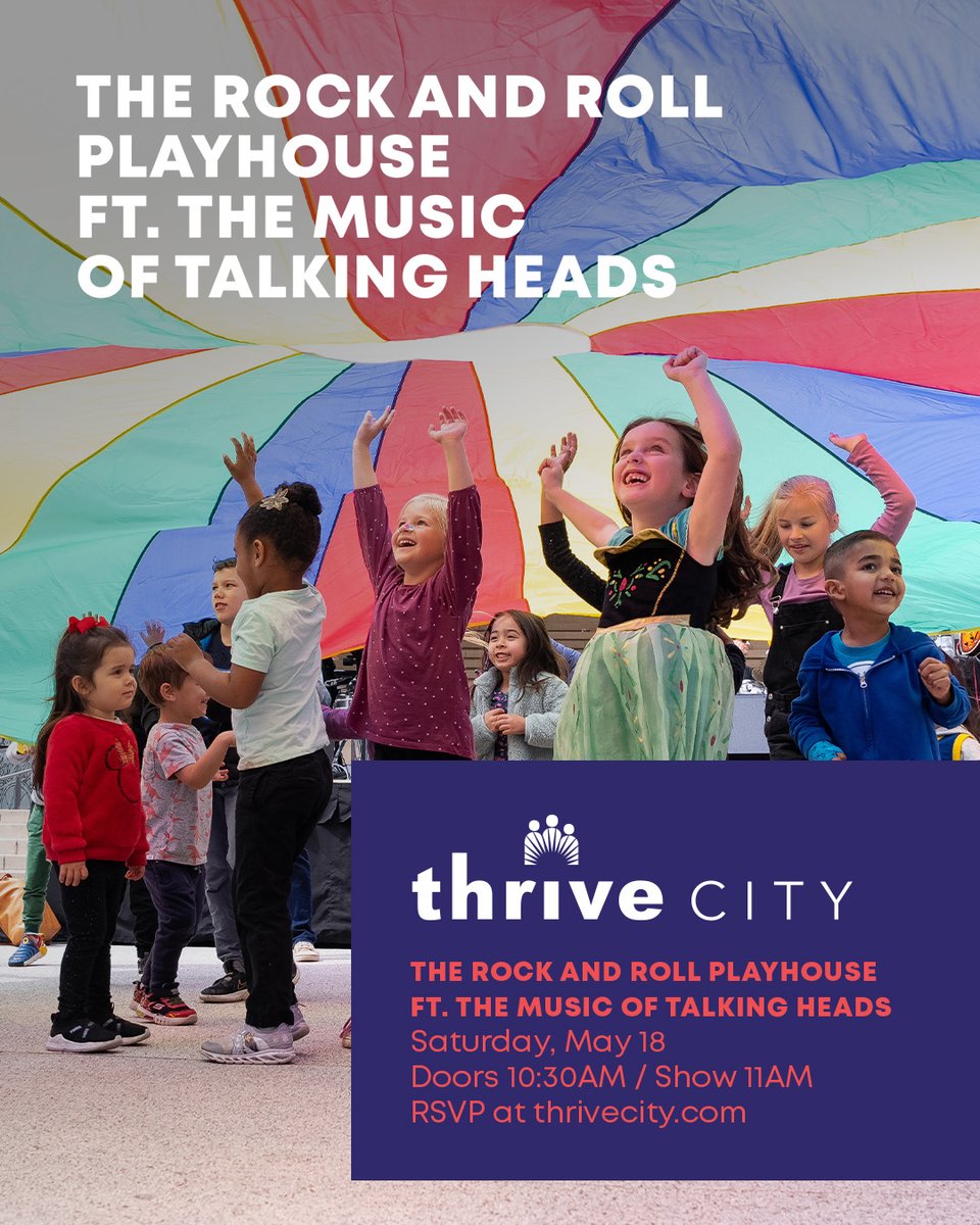 Bring your dancing shoes to The Rock and Roll Playhouse 🎸 Enjoy a kid-friendly live concert featuring the music of Talking Heads in Thrive City on Saturday, May 18 RSVP » bit.ly/3UBpUNa