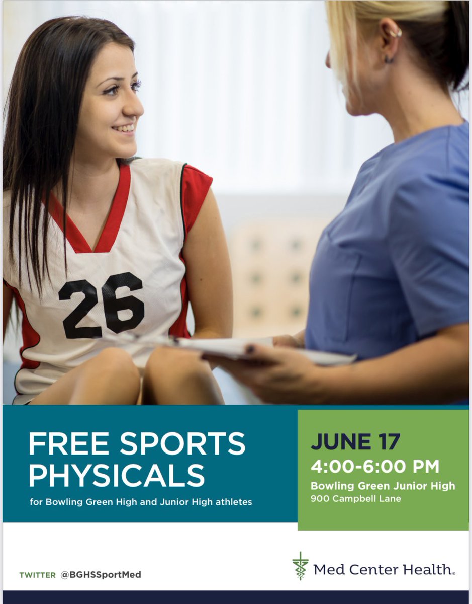 ‼️Mark your calendars ‼️ 🗓️ June 17, 2024 🕕 4-6 PM 📍Bowling Green Junior High 🟣 Free sports physical for all high school and junior high athletes