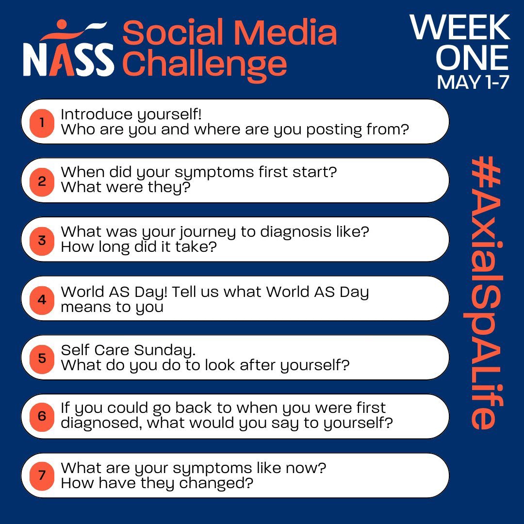 Day 6: #NASS social media challenge raising #axialSpA awareness
If I could go back in time, what would I say to me? 
It won't always be easy but don't give up. Just do the best you can. Also, never blame yourself for your #AS 
 #ankylosingspondylitis
 #axialSpAlife @NASSexercise