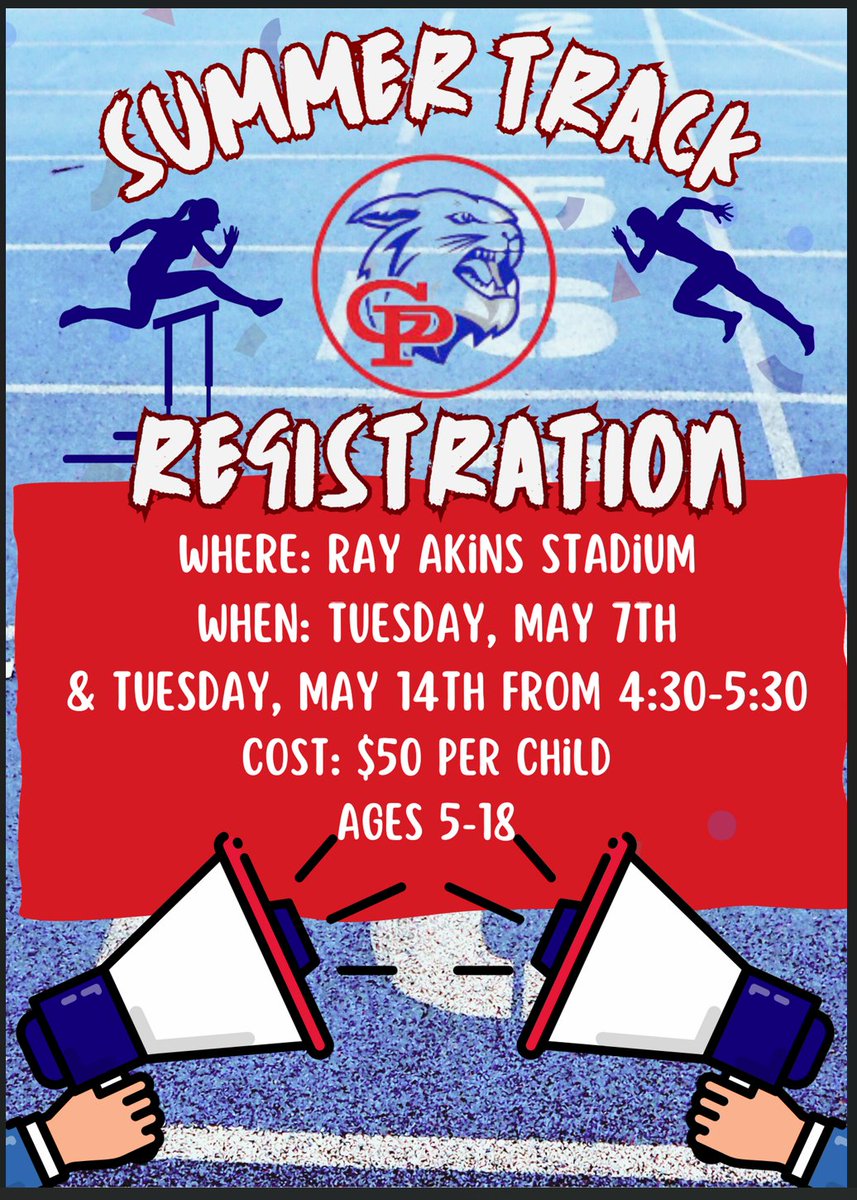 ☀️ G-P SUMMER TRACK 🎽 Summer track registration will be held on Tuesday, May 7th and Tuesday, May 14th from 4:30 - 5:30 PM at Ray Akins Wildcat Stadium. Follow the link for the registration form: 🔗 g-pisd.org/fs/resource-ma…