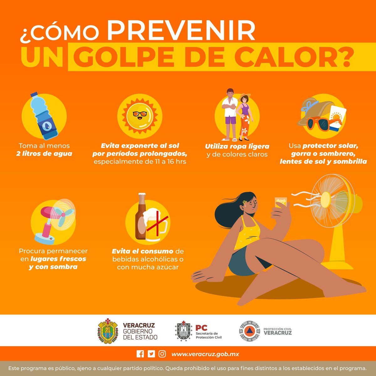 Durante los días con altas temperaturas ☀️🥵, es importante que atiendas las siguientes recomendaciones ⤵️ para protegerte del sol y prevenir un golpe de calor. 🔸Cuida especialmente a las niñas y niños menores de 5 años y personas adultas.