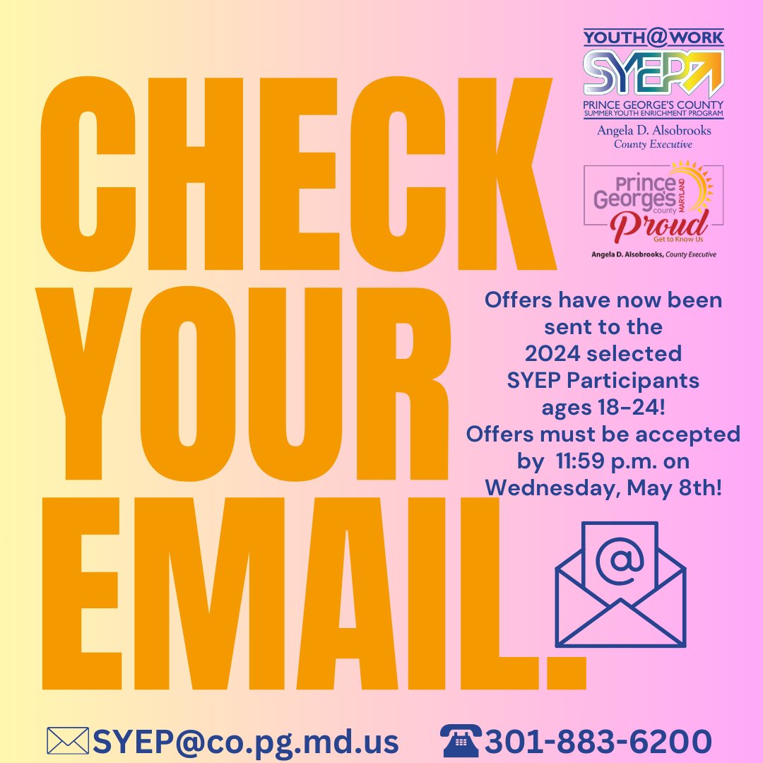 Are you ready for the Prince George's County 2024 Summer Youth Enrichment Program (SYEP)?  Offer letters for the selected participants ages 18-24 have been sent! Please check your email.  You have until Wednesday, May 8th to respond to the offer.  #PGCSYEP #PrinceGeorgesProud