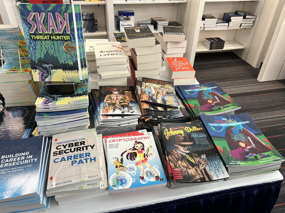 A lot of great titles in the bookstore this year! I recommend Skadi, Johnny Dollar, and of course the Mighty Threat Intelligence Warrior. I am doing a book signing Wednesday at 12:30 but happy to sign any copies at another time. @chrishvm @uuallan