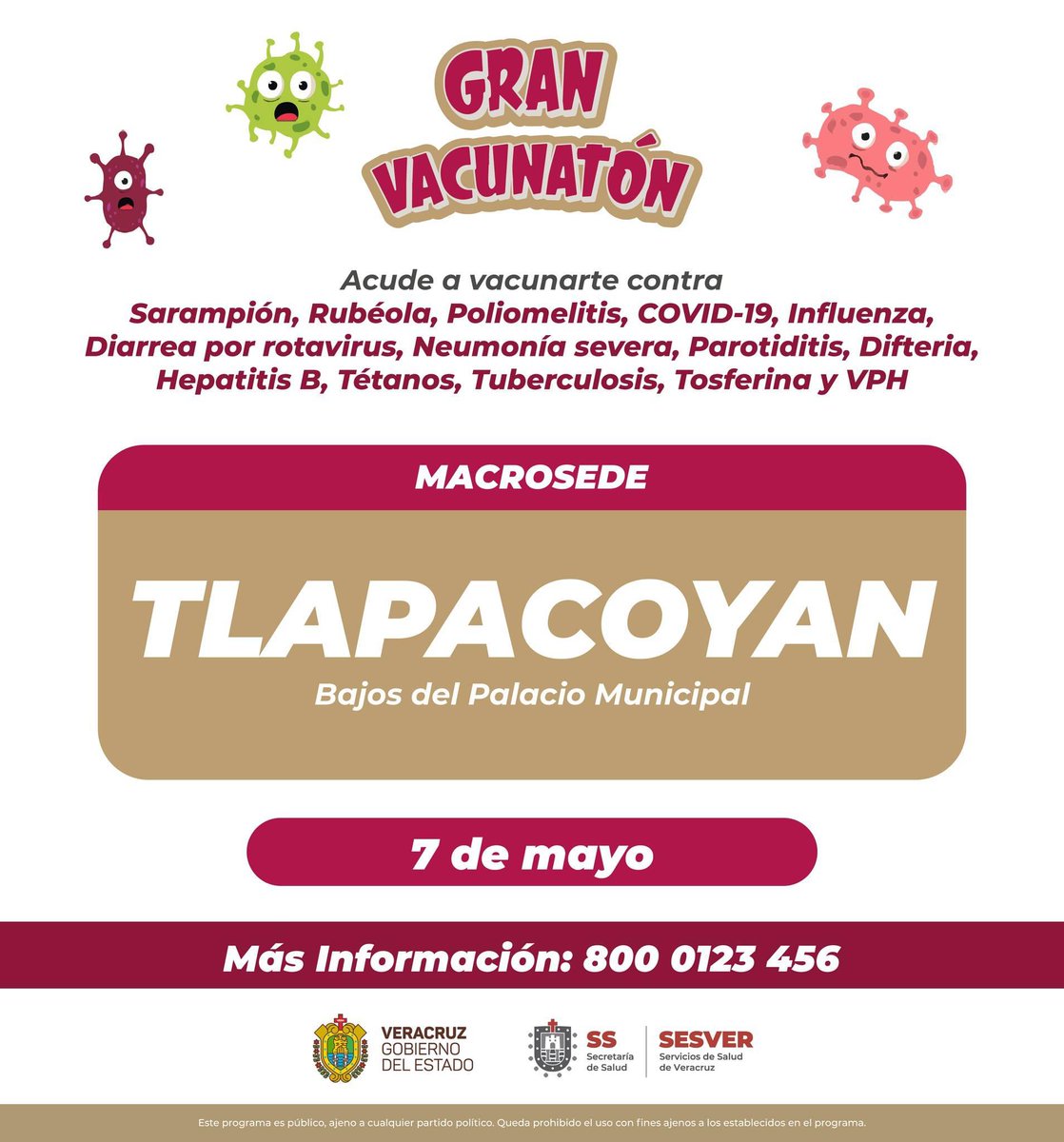 🔴¡Atención población de Tlapacoyan!🔴 📆 Asiste mañana, martes 7 de mayo a los bajos del Palacio Municipal, para recibir la aplicación de vacunas que previenen diversas enfermedades como Sarampión, Rubéola y Poliomelitis. 💉