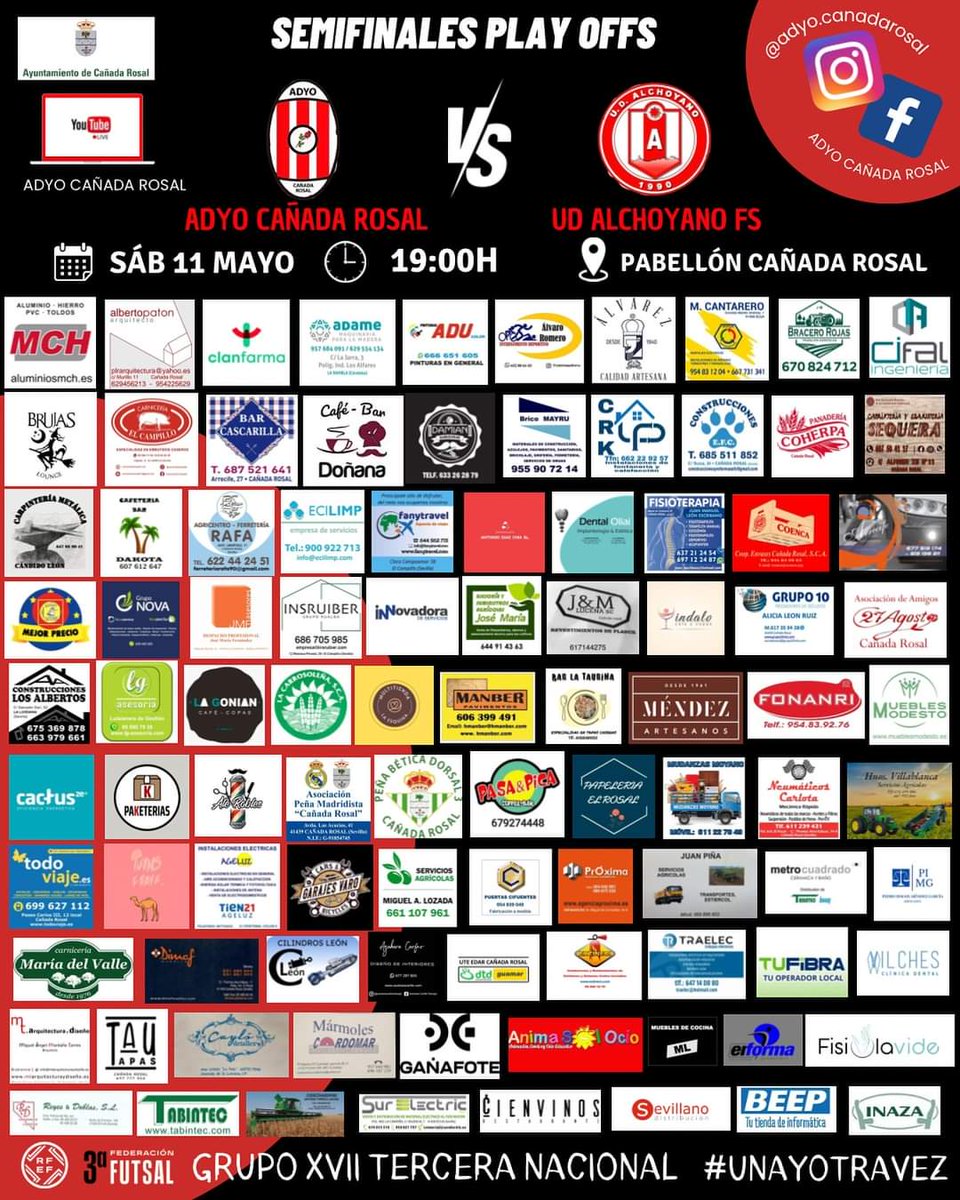 🔴 SEMIFINALES PLAY OFFS 🔴

Cañada el sábado a las 19 horas volverá a vivir una cita con la historia del fútbol sala de la mano de ADYO. Nuestro equipo recibirá en la semifinal (a partido único) de ascenso a 2B a UD Alchoyano

¡ JUNTOS SOMOS MEJORES! 

#UnaYOtraVez