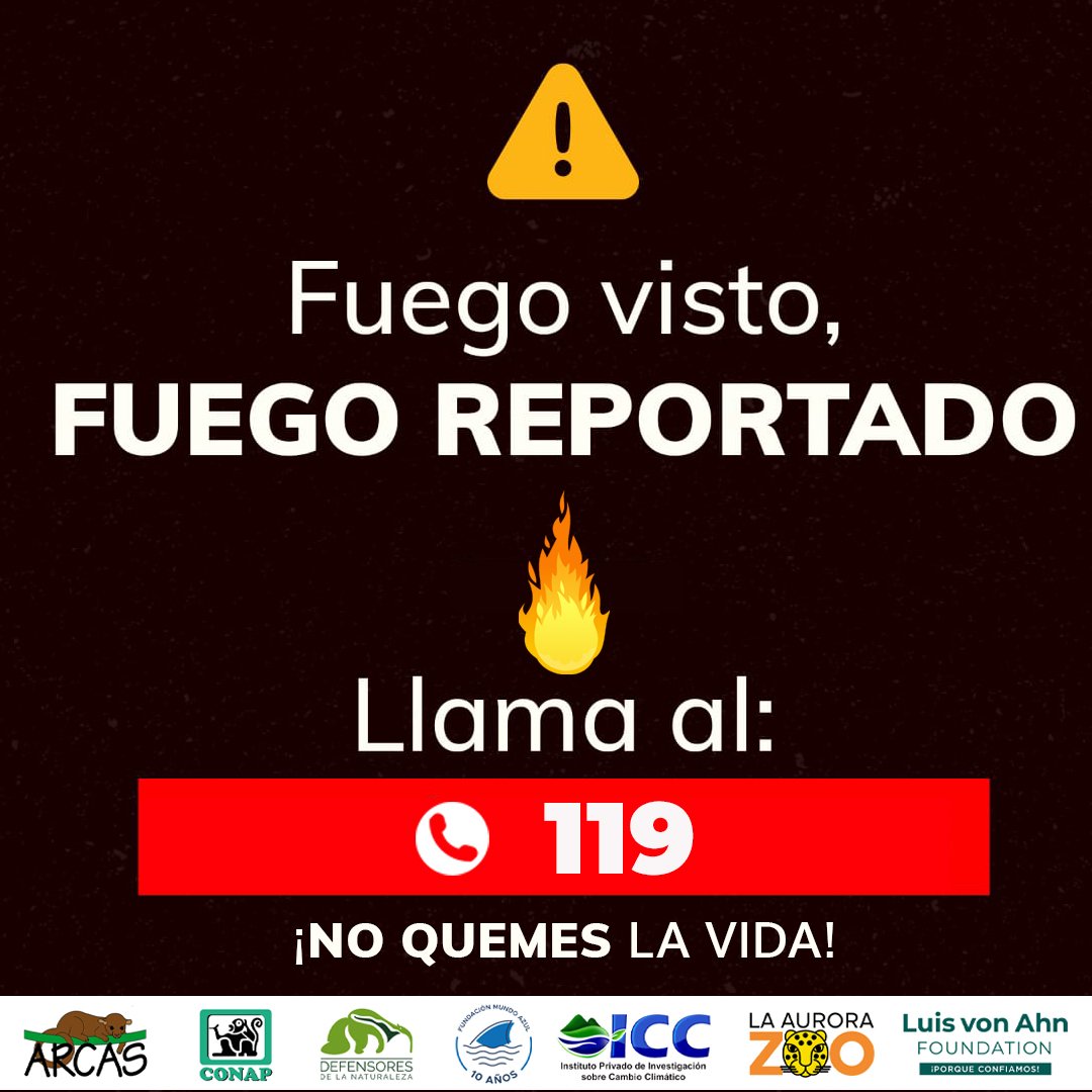 ⚠️Fuego visto, fuego reportado.

Llama al ☎ 119. #NoQuemesLaVida

¡Valoremos nuestra #GuatemalaMegadiversa!

#PrevenirEsConservar
#ÁreasProtegidasGT
#DiversidadBiológica #ALTOalosIncendiosForestales