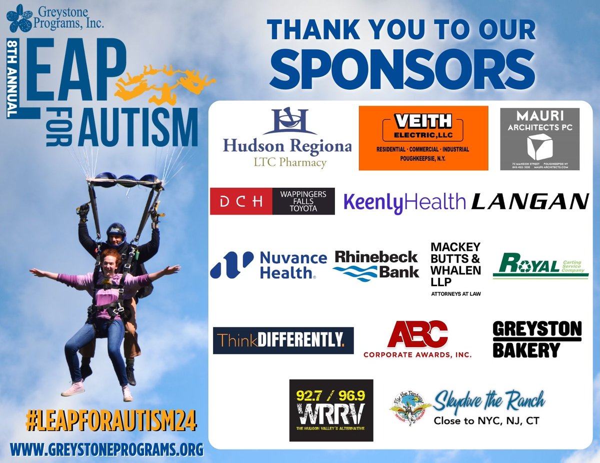 GreystonePrgrms's tweet photo. Before we post all of the smiling faces from this weekends 8th Annual LEAP for Autism, we just want to take a moment so send a HUGE #thankyou again to our Sponsors.
#greystoneprograms #leapforautism24 #supportgreystoneprograms https://t.co/JKOqAoNwMm