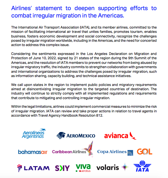 Ahead of the Los Angeles Declaration Ministerial in Guatemala, it's great to see @IATA + several member airlines take action to address irregular migration via commercial air – a key step in advancing safe, orderly, and humane migration. #LosAngelesDeclaration