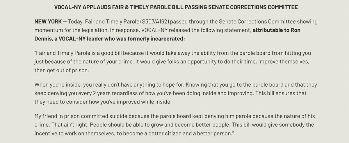 Today, Fair and Timely Parole (S307/A162) passed through the Senate Corrections Committee showing momentum for the bill. STATEMENT: vocal-ny.com/tlp