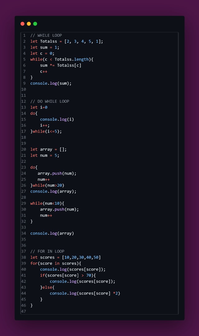 DAY 21:

Today, I continued my study on LOOPS.

#100daysofcode
#javascript
#webdevelopmemt
#TechExplorer