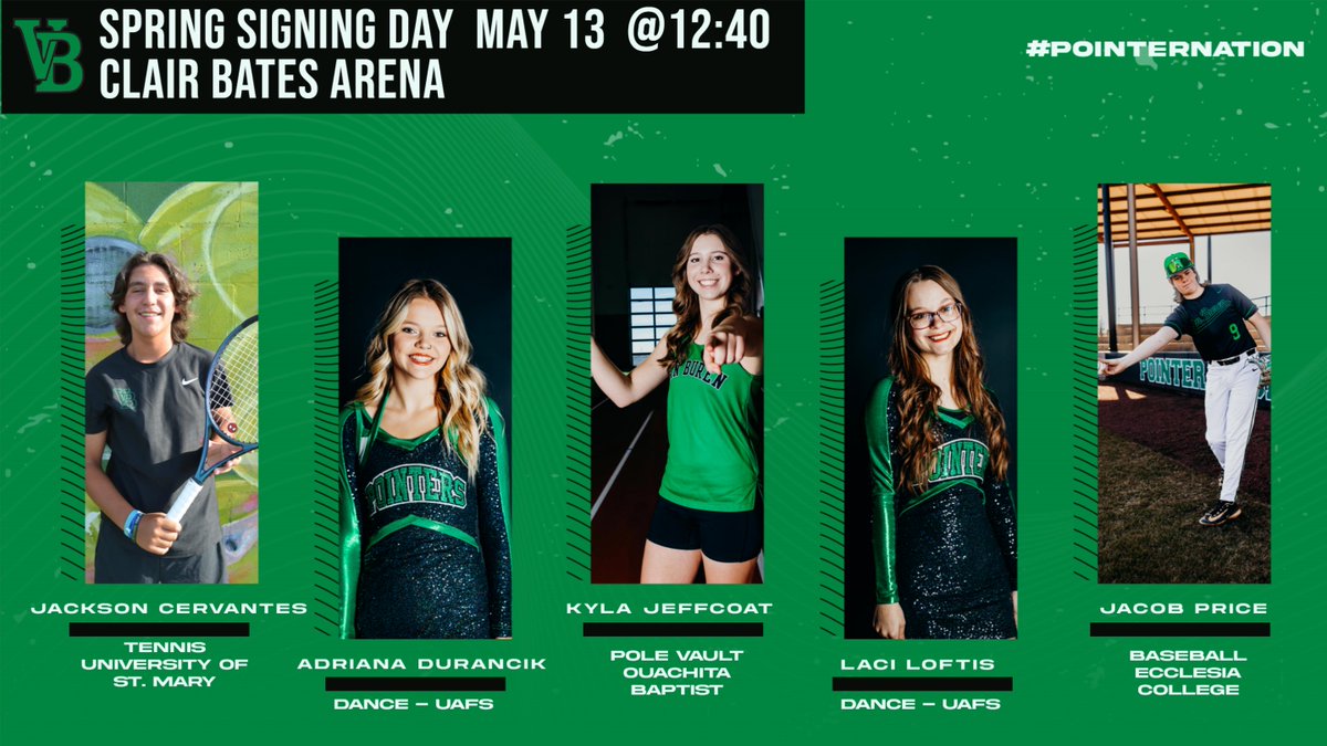 @VBSDPointers Spring Signing Day will be on Monday, May 13 at 12:40 in Clair Bates Arena! Congrats to these 5 @VanBurenHS students who will sign their LOI to continue their student-athlete career at the next level!