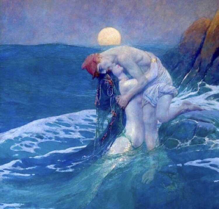 The Mermaid, by Howard Pyle, 1910. Is she rescuing him or about to pull him under? This enigmatic painting was left on the artist’s easel in his studio when he set off from America for Italy. He died in Florence a year later, so never returned to complete it. #FairytaleTuesday