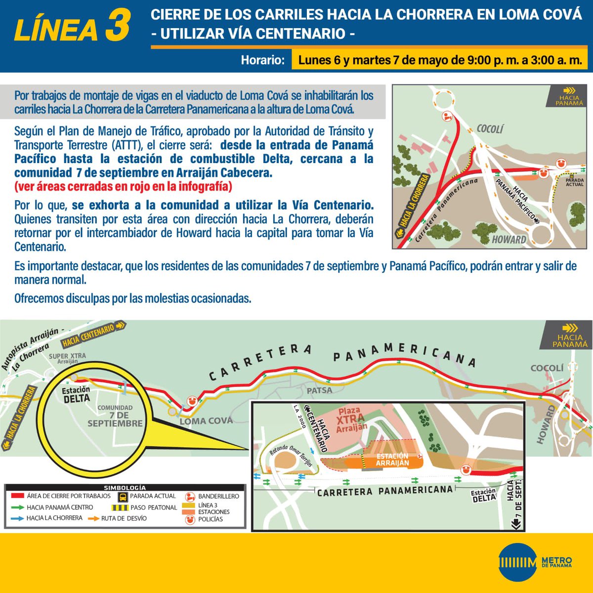 Cierre de los carriles hacia La Chorrera en Loma Cová desde las 9 de la noche de hoy hasta las 3 de la mañana de mañana.