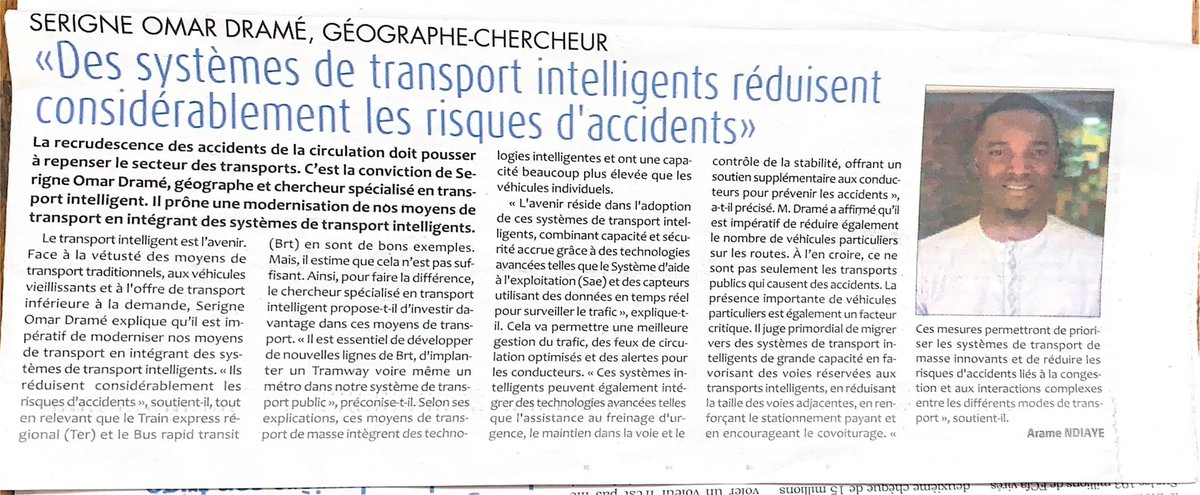 Salam, Je partage avec vous mon intervention parue aujourd'hui dans le journal Le Soleil, évoquant l'importance de l’intégration des systèmes de transport intelligents pour réduire les risques d'accidents sur les routes. #Sti #Transport #Sécuritéroutière