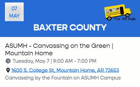 Good morning, Baxter Co. & ASU-MH! Volunteers will be on campus today collecting signatures today for the #AREducationalRightsAmendment. Stop by the fountain and join the movement #ForARKids.
Sign. Follow. Share. Like.
#RegnantPopulus #Arkansas #arpx