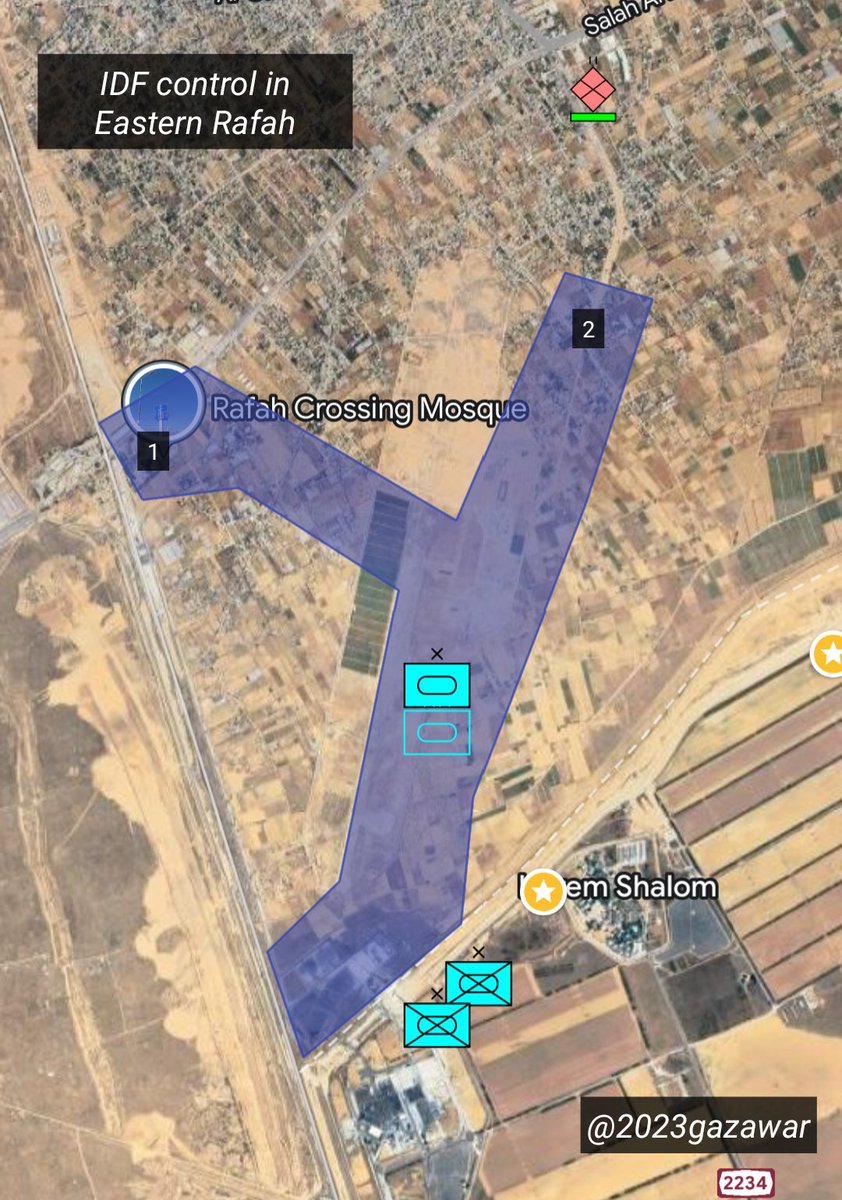 #Rafah | Update: (1) - The IDF have taken control of the Rafah Crossing. (2) - The IDF have advanced along a second axis towards Al-Bayuk. (This update is preliminary and only based on reports. A satellite flies over tomorrow, and I will make a more accurate update then.)