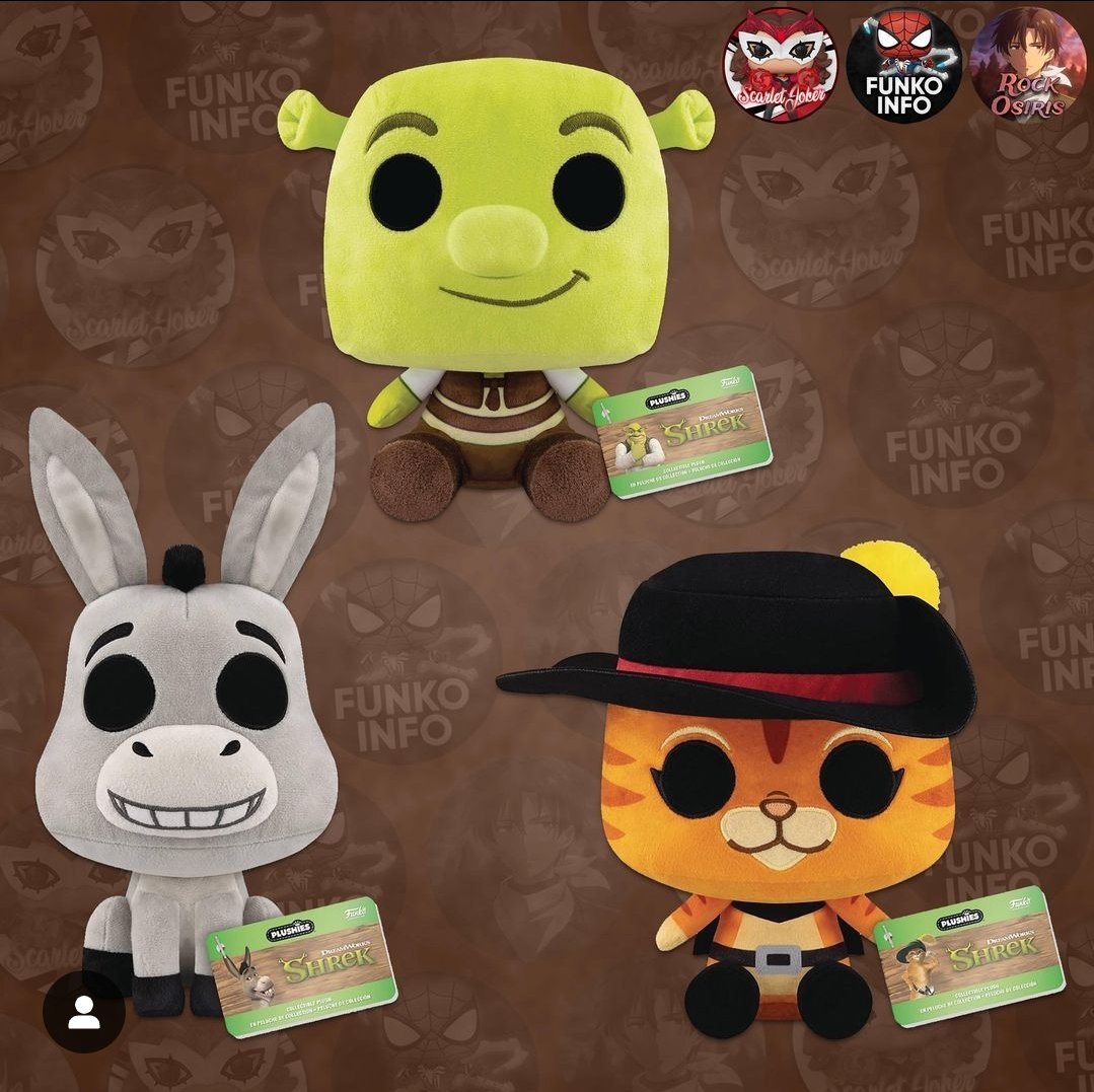 Funko is also releasing Shrek, Donkey, and Puss in Boots plushies soon! (Via @ScarletJokerTWT, @funkoinfo_, and RockOrisis on Instagram)