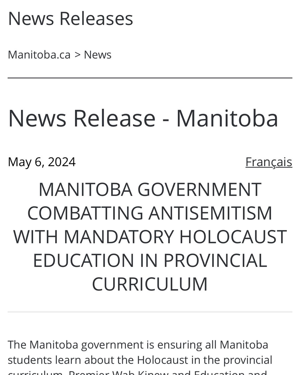 📢 At today's #YomHaShoah ceremony, Premier @WabKinew announced their plan for Holocaust education beginning in the 24-25 school year.
📰 news.gov.mb.ca/news/index.htm… 

The province has hired dedicated staff and is partnering with the @JHCWC_CA to develop new curriculum guidance on…
