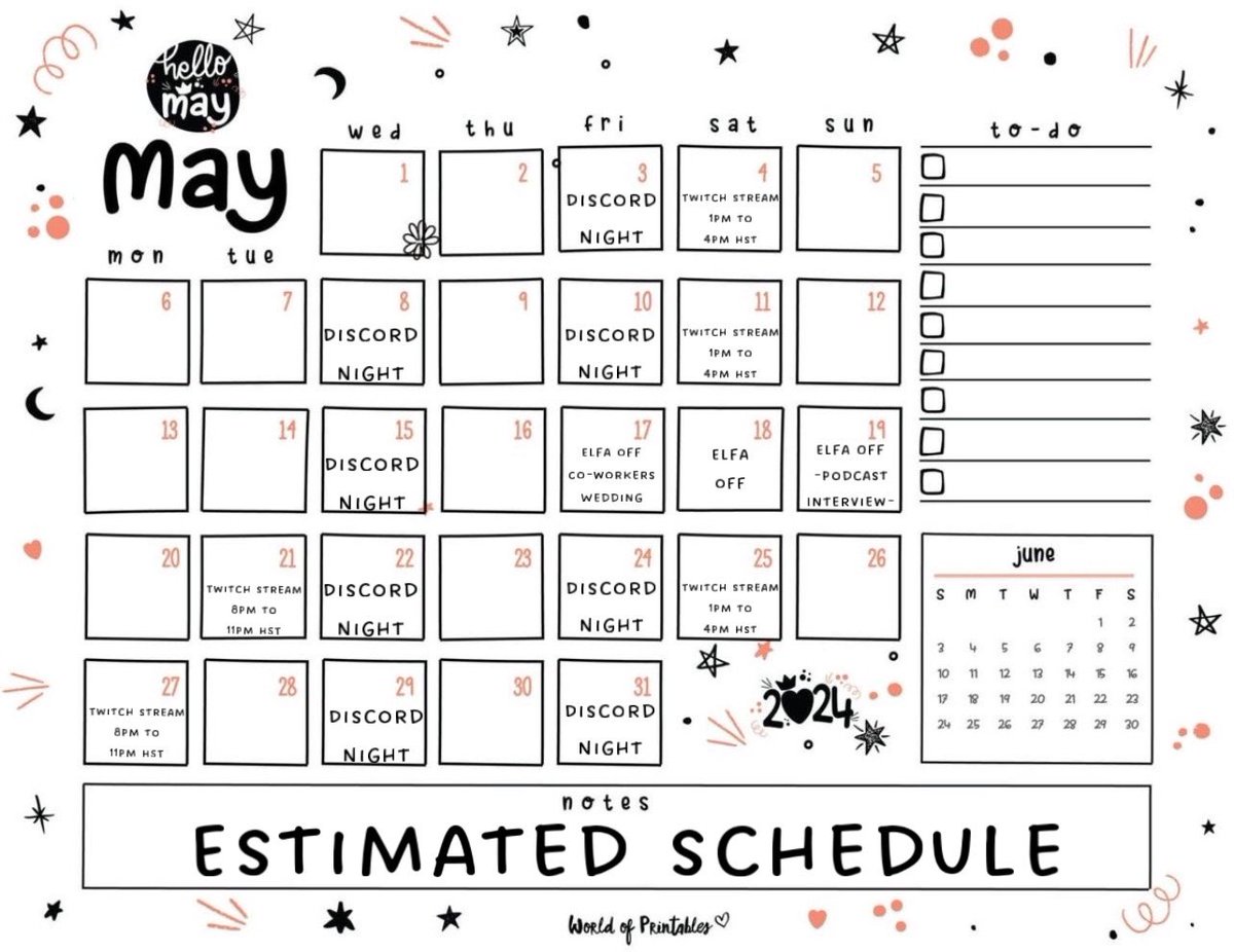 Estimated Schedule for May 2024 #twitchaffiliate #twitchstreamer #streamschedule #cozygamer #cozystreamer