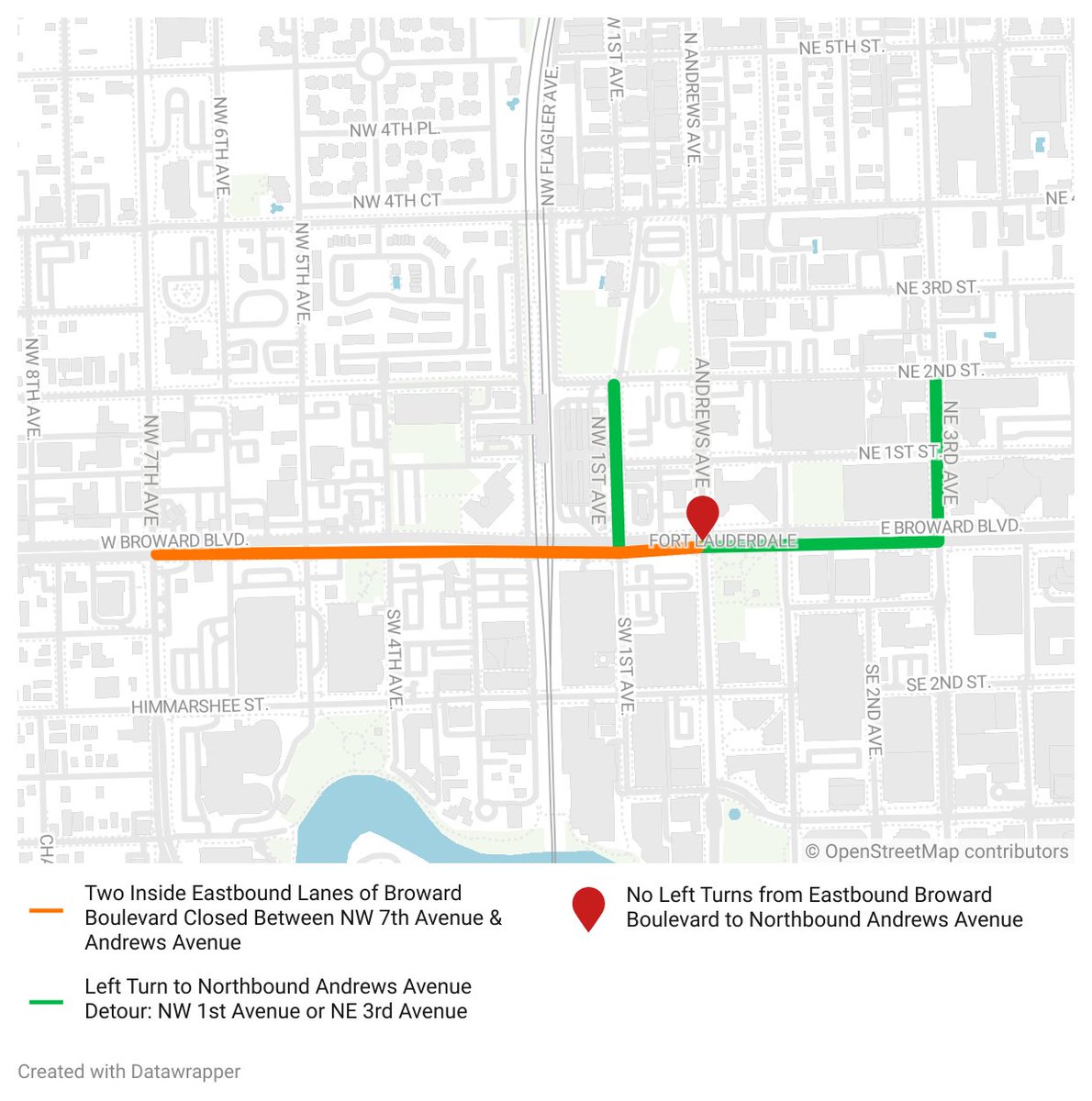 City crews will repair a broken water service line along Broward Blvd between NW 1st Ave & Andrews Ave tonight between 9 pm & 5 am. 🚧 Two eastbound lanes of Broward Blvd will be closed from NW 7th Ave to Andrews Ave while repairs are underway. Details 🔗 ftlcity.info/broward0506.