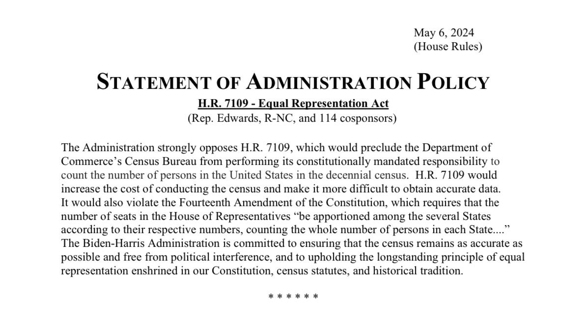 Unsurprisingly, Joe Biden “strongly opposes” legislation to exclude illegal aliens from being counted in congressional and electoral representation. His intentional illegal invasion has always been politically motivated.